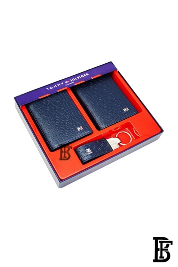 Tommy Hilfiger Salto Men Leather Gift Set of Wallet+Card Case+Keyfob blue/blue+blue/blue