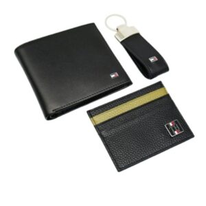 Tommy Hilfiger Salto Men Leather Gift Set of Wallet+Card Case+Keyfob  BLACK/BLACK+BLACK/BLACK