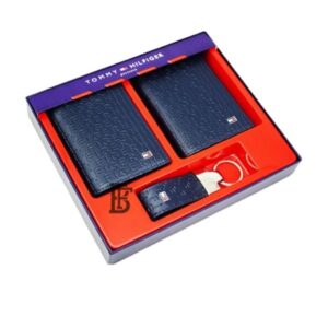 Tommy Hilfiger Salto Men Leather Gift Set of Wallet+Card Case+Keyfob  blue/blue+blue/blue